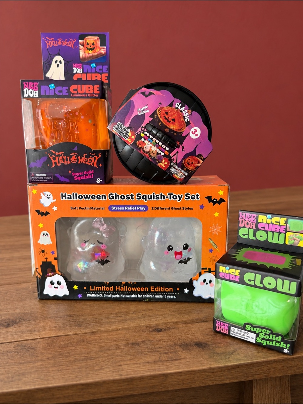 Set of 4 -Halloween Ghost Squishy, NeeDoh Glow Nice Cube and Pumpkin Dumpling